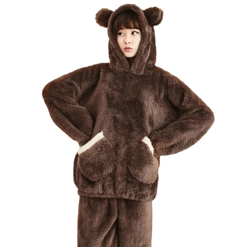 Outono inverno engrossado quente feminino loungewear terno dos desenhos animados de pelúcia com capuz urso pijamas senhoras flanela homewear conjunto