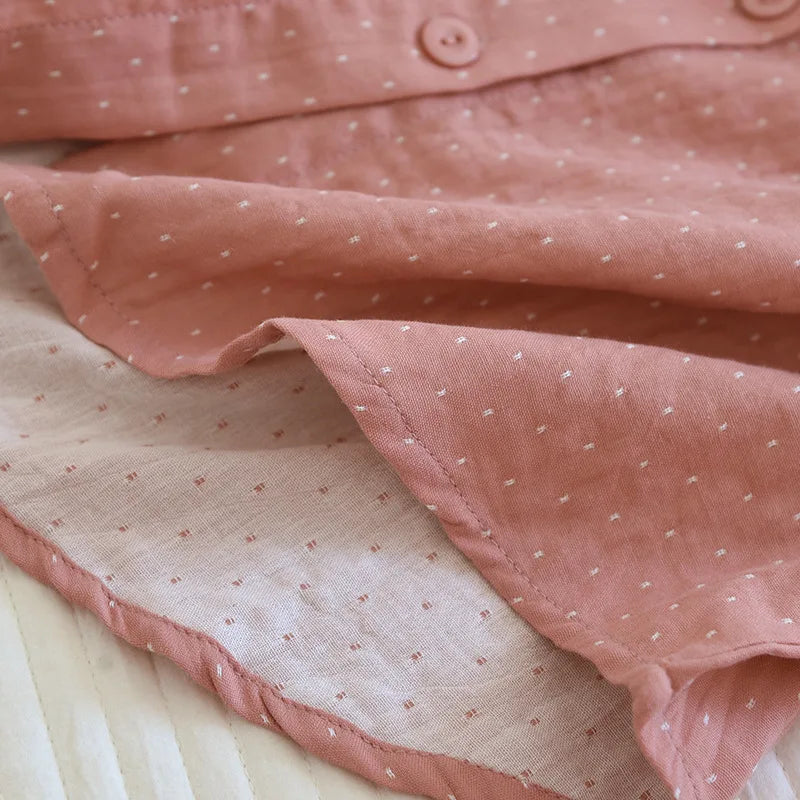 Algodão feminino polka dot pijama define fio-tingido gaze manga longa calças loungewear casual simples pijamas em torno do pescoço nightwears