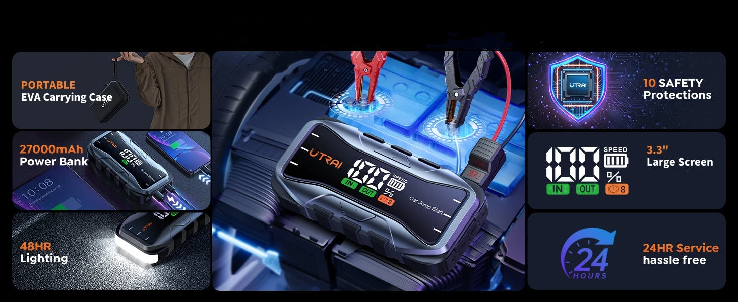 UTRAI 27000mAh Car Jump Starter Power Bank 6000A Car Booster Auto Dispositivo de partida de emergência Jump Start para gasolina diesel