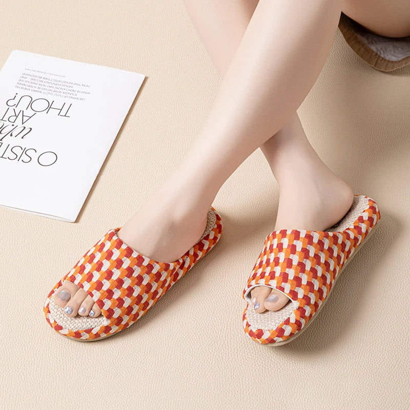 Chinelos de Plataforma de Linho para Mulheres, Coloridos e Fashion, Sapatos de Designer de Verão, Novos Chinelos Abertos para Uso Interno, Macios e Antiderrapantes, Unissex