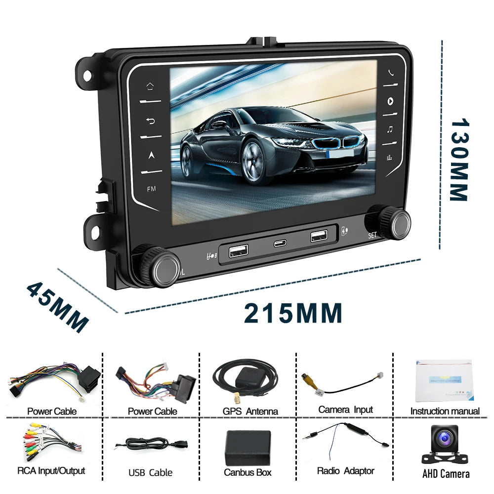 Rádio Automotivo 2 Din Android 15, Reprodutor Multimídia com GPS, WiFi e Carplay para Volkswagen, Skoda, Octavia, Golf 5, 6, Touran, Passat, Polo, Jetta