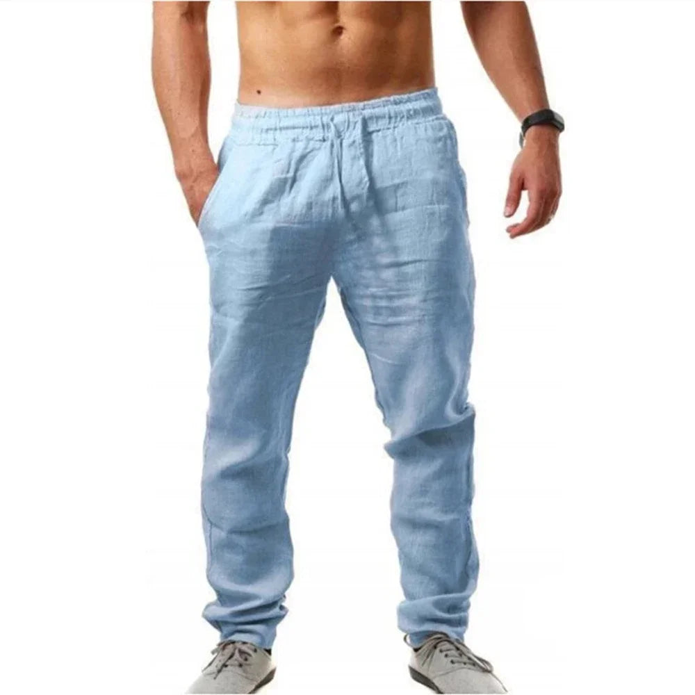 Calça masculina de algodão e linho, solta, respirável, com cintura elástica, cor sólida, casual, para corrida, fitness, verão, esportes, calça de moletom