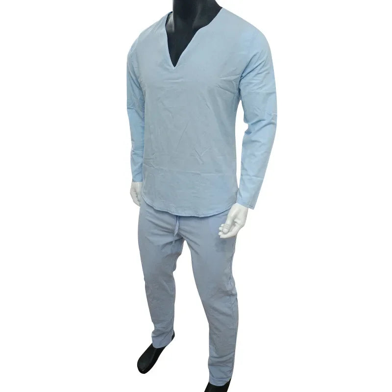 Camiseta Masculina de Linho de Manga Longa 2026 Henry, Slim Fit, Cor Sólida, Tamanho Grande Europeu e Americano, Gola V Profunda