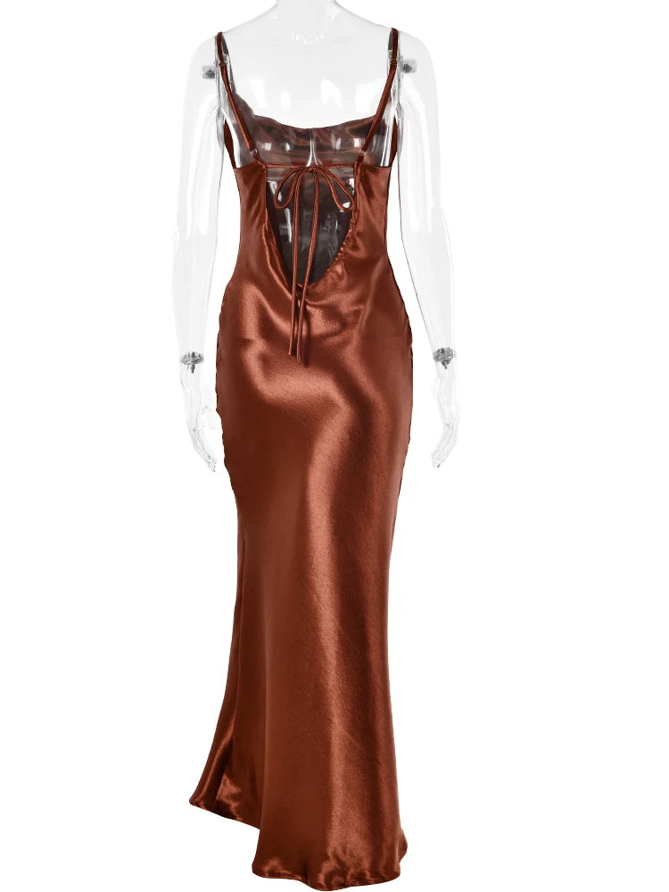 Vestido Longo JULISSA MO Sexy com Alças Finas e Costas Abertas, Vestido de Noite em Cetim com Amarração, Vestido de Festa Elegante Justo ao Corpo 2026