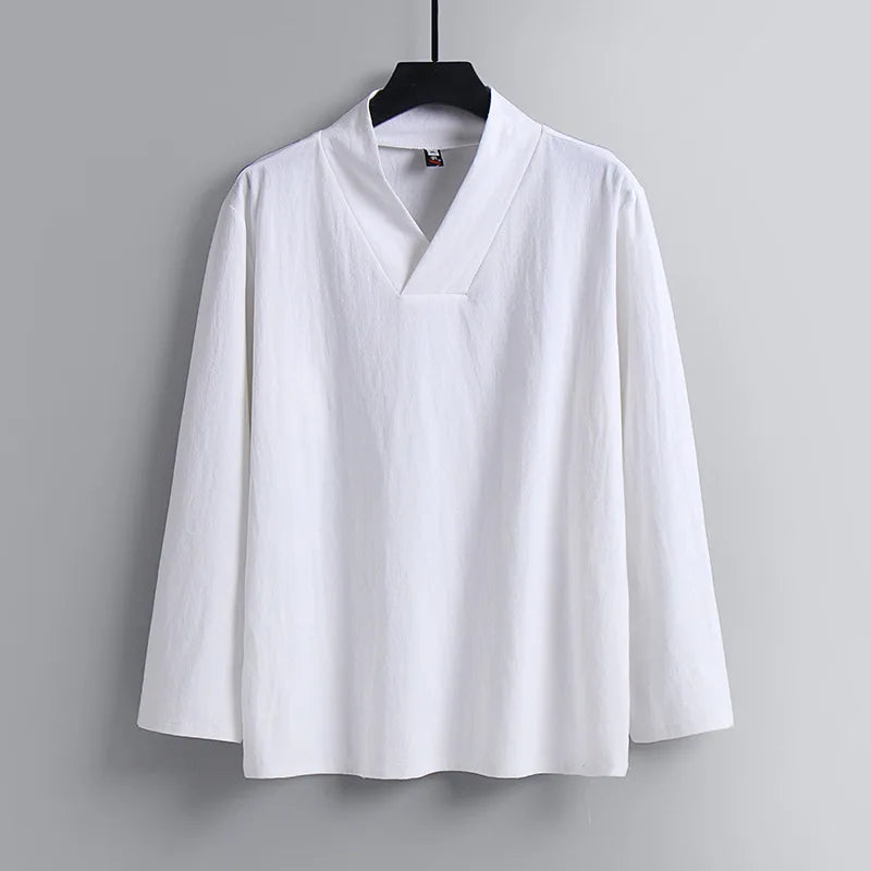 Camiseta de linho masculina primavera verão manga longa tshirts plus size 9xl moda casual cor sólida com decote em v topos t masculino tamanho grande