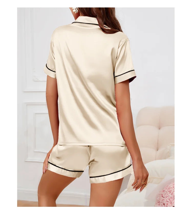 Conjunto pijama cetim feminino, pijama de manga curta, blusa e shorts de lapela, pijama de botão, roupas domésticas