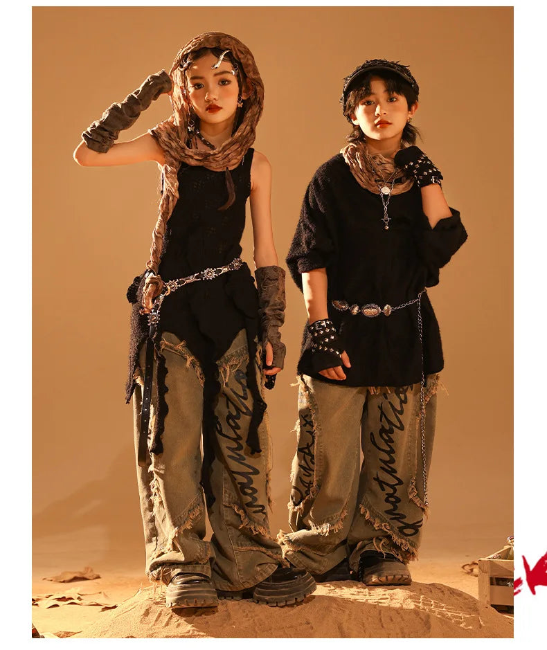 Conjunto de regata e jeans infantil Wasteland Street Dance de malha, moletons de hip hop, roupas de jazz, roupas punk, meninos e meninas