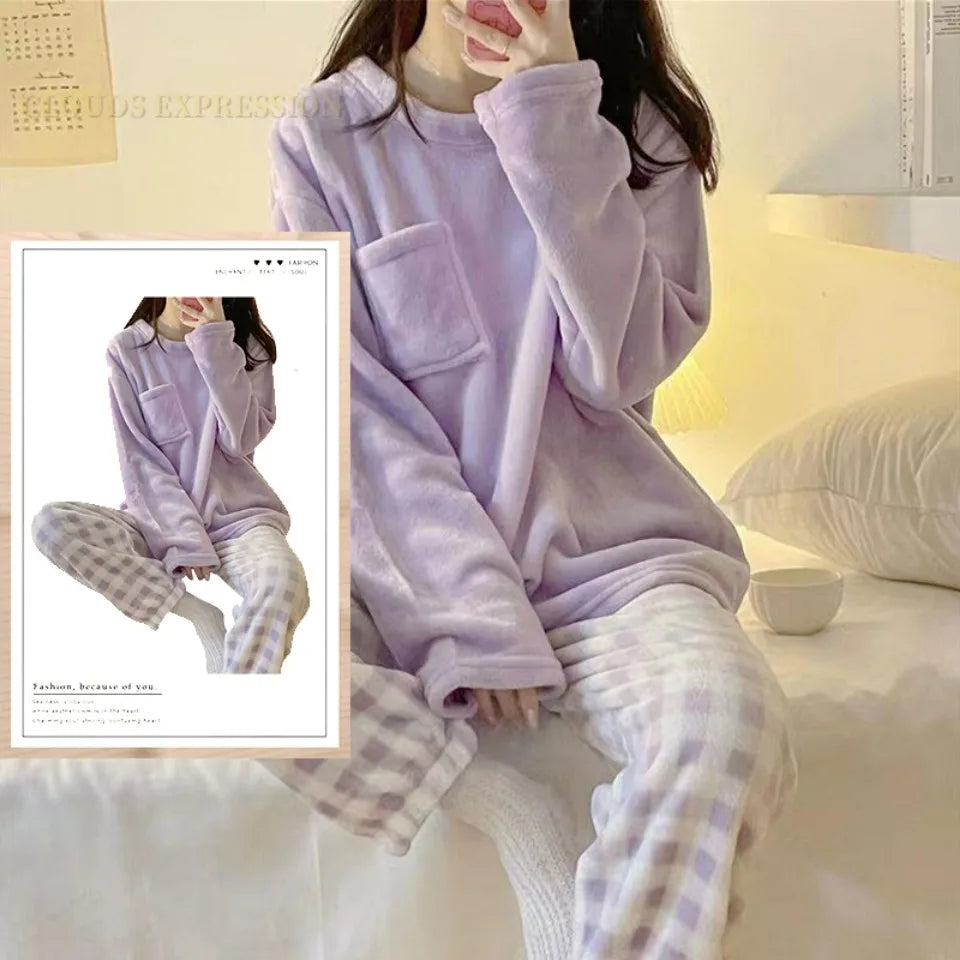 Outono inverno flanela conjuntos de pijamas femininos moda xadrez impresso teddy pijamas veludo homewear kawaii meninas pijamas mujer pijama