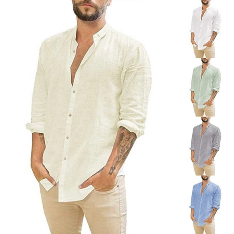 Camisa de linho respirável masculina, confortável, cor sólida, manga comprida, solta, Harajuku, blusa casual, camisa havaiana, breve, 2022