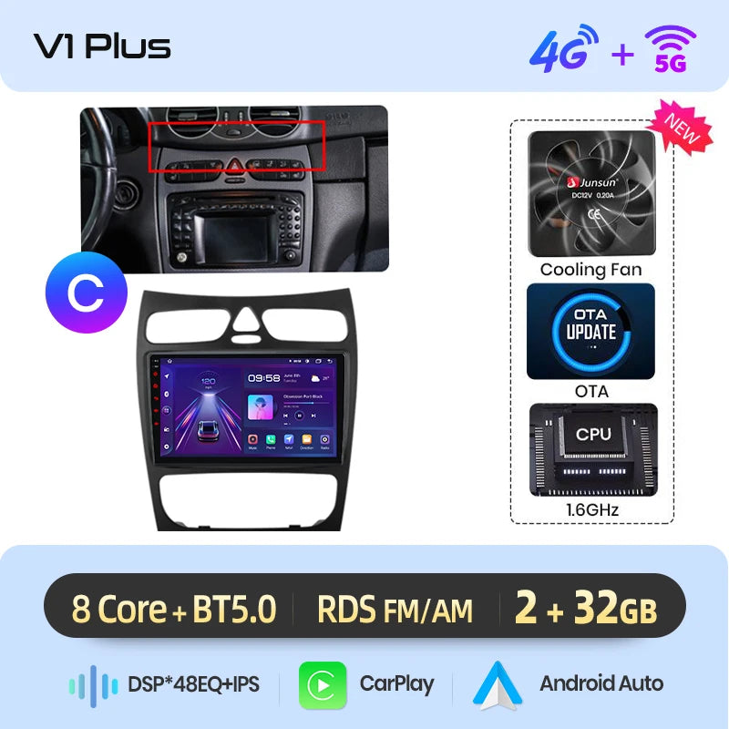 Junsun carplay android auto rádio do carro para mercedes benz classe c w203 c200 c320 c350 clk w209 2000-2005 multimídia inteligente 4g