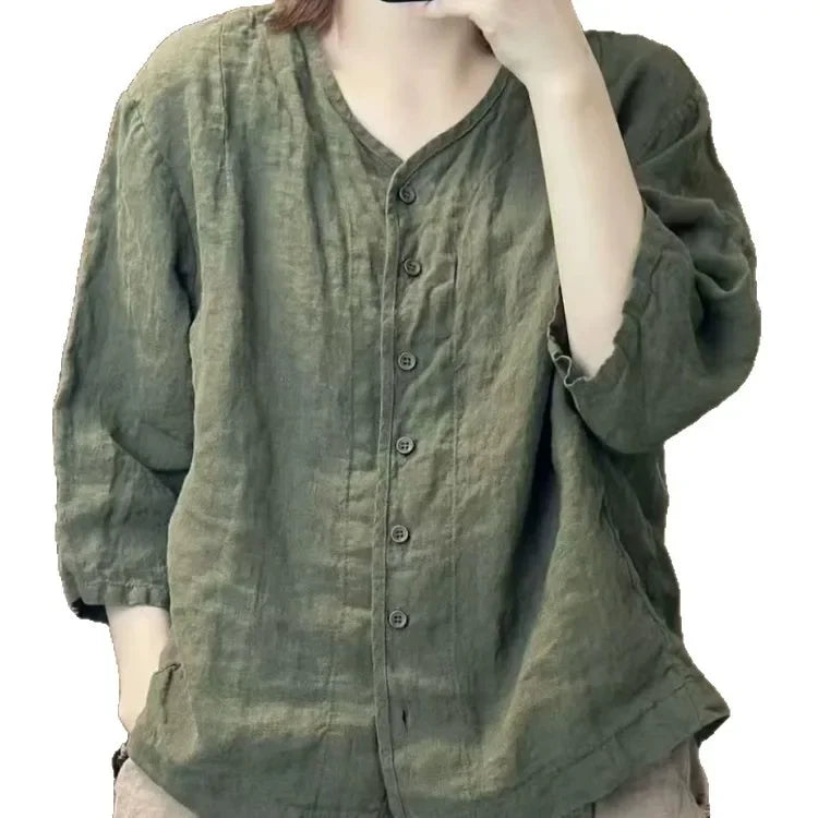Camisa de Linho com Decote em V e Manga 3/4, Blusa Casual Solta com Botões, Top de Linho Respirável para Mulheres