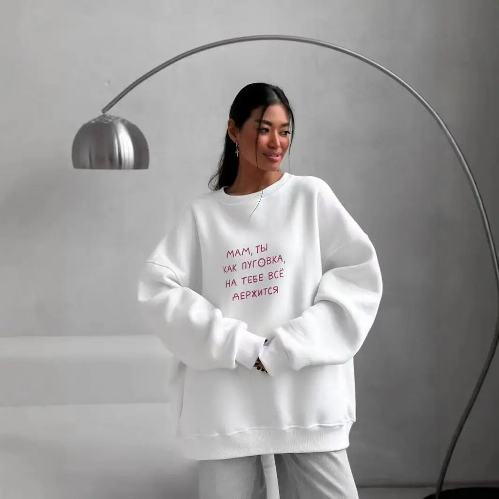 Russo simples carta impressão o pescoço oversize moletom feminino rosa fino primavera 2025 hoodies feminino estilo russo solto casual topo