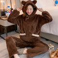 Outono inverno engrossado quente feminino loungewear terno dos desenhos animados de pelúcia com capuz urso pijamas senhoras flanela homewear conjunto
