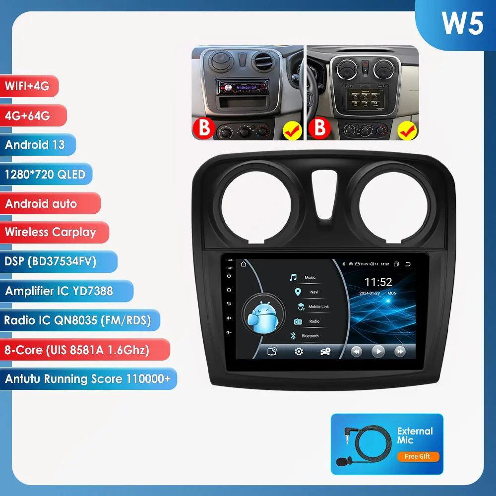 Rádio Android Auto Hizpo para Renault Logan 2 2012-2019 Sandero 2 2014-2019 4G Multimídia Automotiva GPS 2 din Estéreo CarPlay WIFI DSP