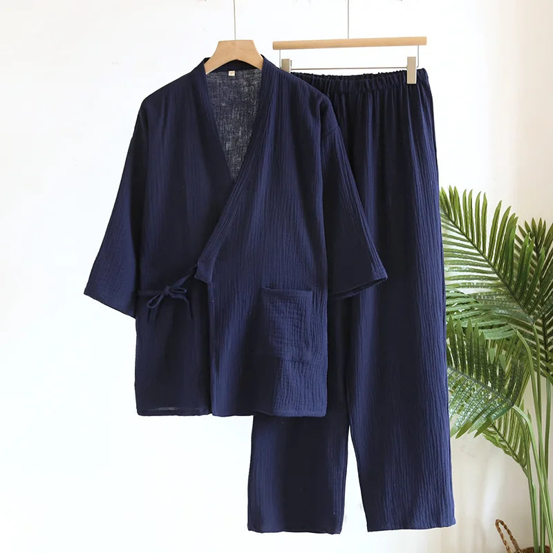 Primavera/outono japonês quimono pijamas masculinos pijamas masculinos gaze fina algodão rendas topo + calças soltas de duas peças homewear
