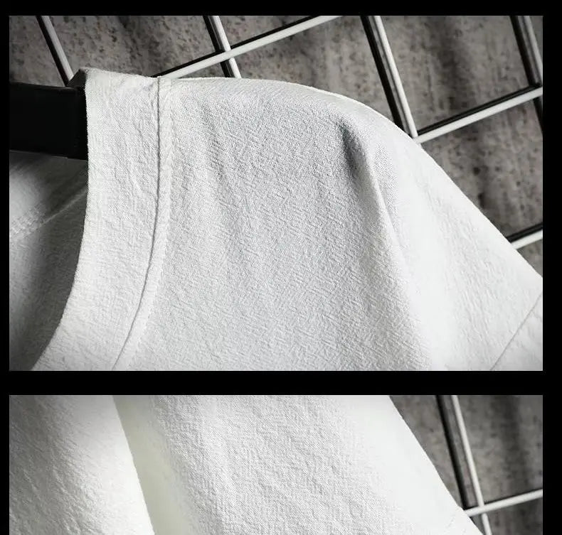 Camiseta de Linho de Manga Curta Masculina, Nova Camiseta de Algodão e Linho Solta para o Verão, Camiseta de Cor Sólida