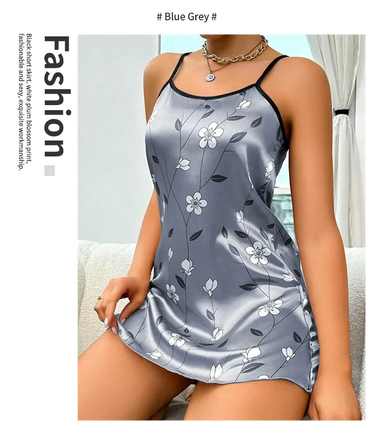 Pijamas femininos verão floral impressão cetim camisola casual sem mangas sem costas deslizamento noite vestido sexy camisola roupas de casa