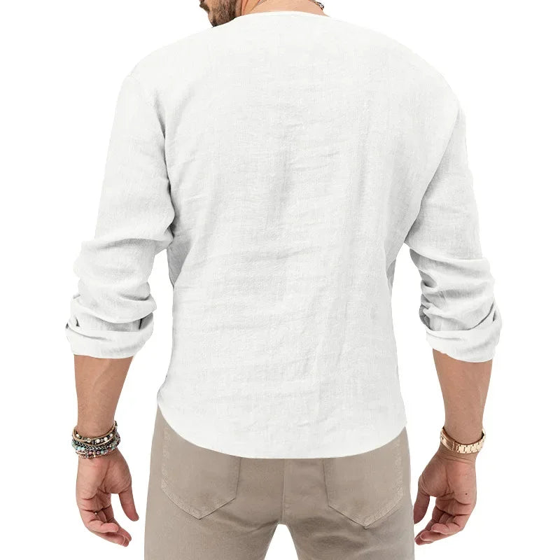 Camiseta Masculina de Linho de Manga Longa 2026 Henry, Slim Fit, Cor Sólida, Tamanho Grande Europeu e Americano, Gola V Profunda