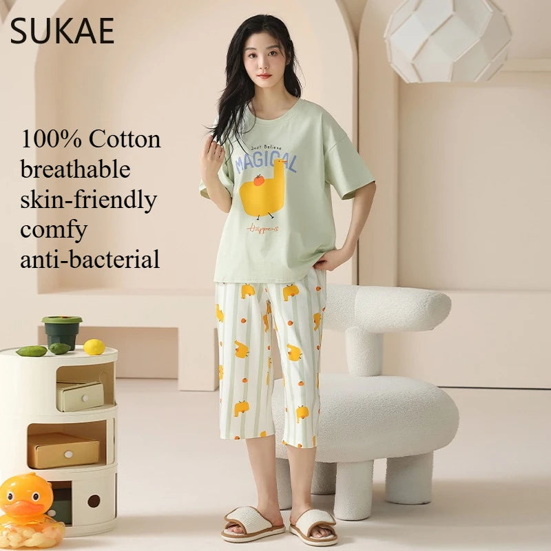 SUKAE-Conjunto de Pijamas dos desenhos animados das mulheres, 100% algodão, calça curta na altura do joelho, pijamas, capris loungewear, pijamas de verão, M-4XL