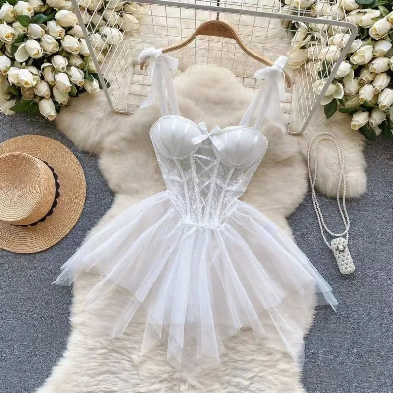 Mini vestido transparente sem costas para mulheres, sleepwear sexy, renda pura, pijamas sensuais, camisola de malha, lingerie branca, senior