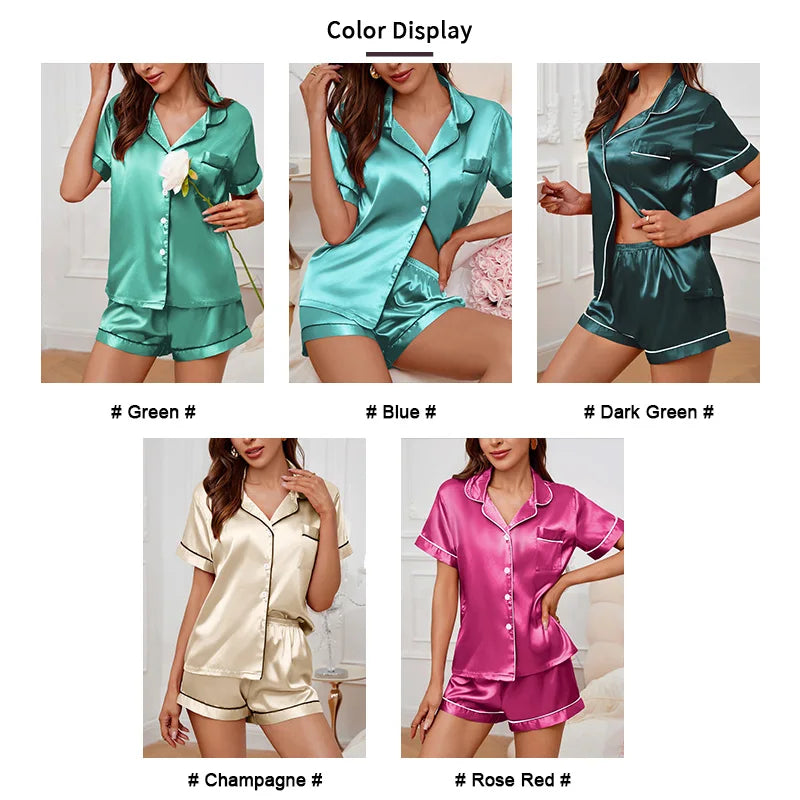 Conjunto pijama cetim feminino, pijama de manga curta, blusa e shorts de lapela, pijama de botão, roupas domésticas
