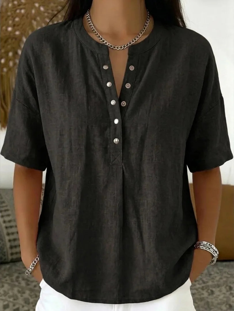Blusa Feminina de Linho com Gola Henley, Manga Curta, Casual, Solta, Cor Sólida, Top de Verão