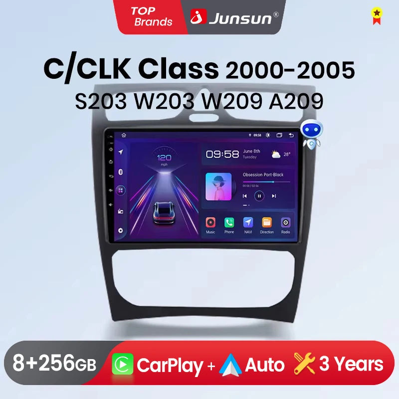 Junsun carplay android auto rádio do carro para mercedes benz classe c w203 c200 c320 c350 clk w209 2000-2005 multimídia inteligente 4g