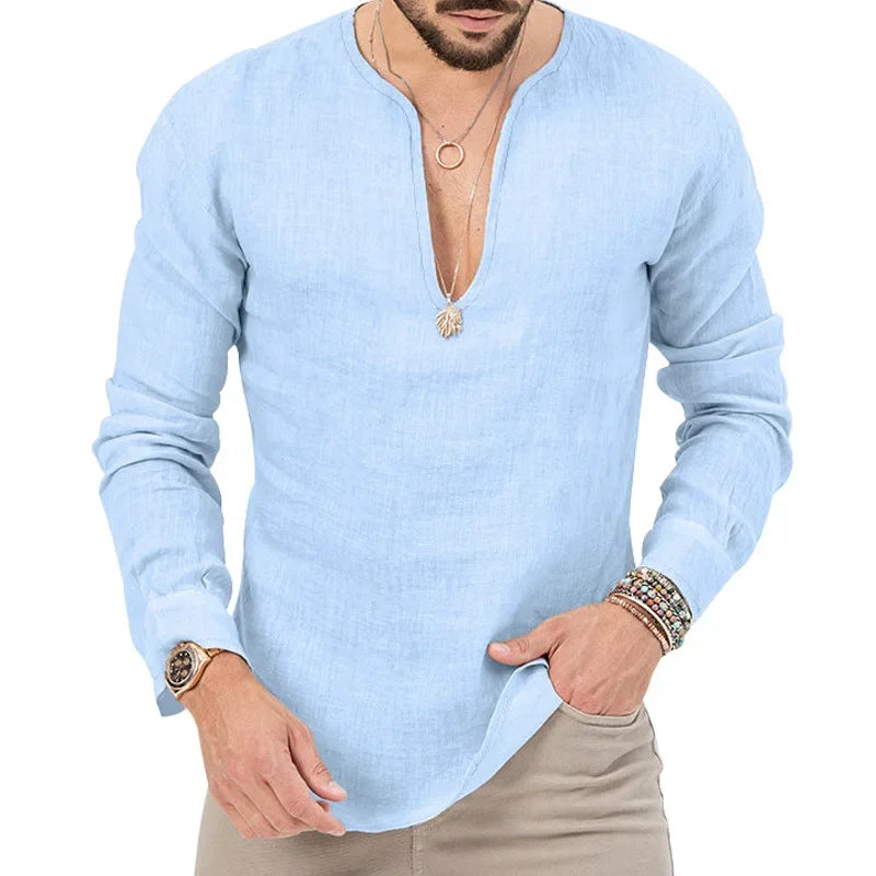 Camiseta Masculina de Linho de Manga Longa 2026 Henry, Slim Fit, Cor Sólida, Tamanho Grande Europeu e Americano, Gola V Profunda