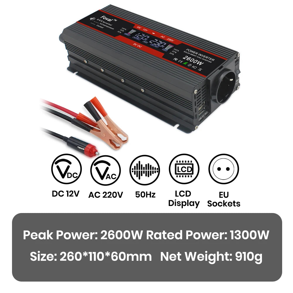 Inversor de energia solor com display lcd, dc 12v/24v para ac 220v 230v 1500w/2000w/2600w, conversor de tensão preto, soquete ue, acessórios automotivos