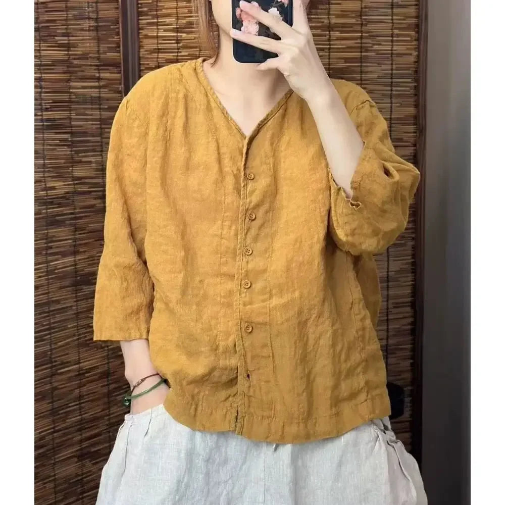 Camisa de Linho com Decote em V e Manga 3/4, Blusa Casual Solta com Botões, Top de Linho Respirável para Mulheres