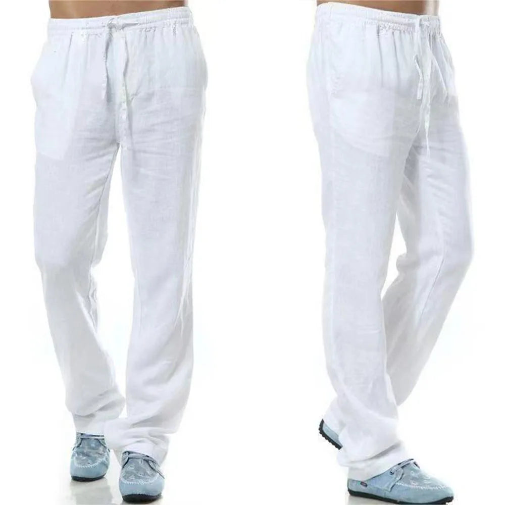 Calças de linho de algodão masculino outono novo respirável cor sólida calças de linho fitness streetwear volta com bolso
