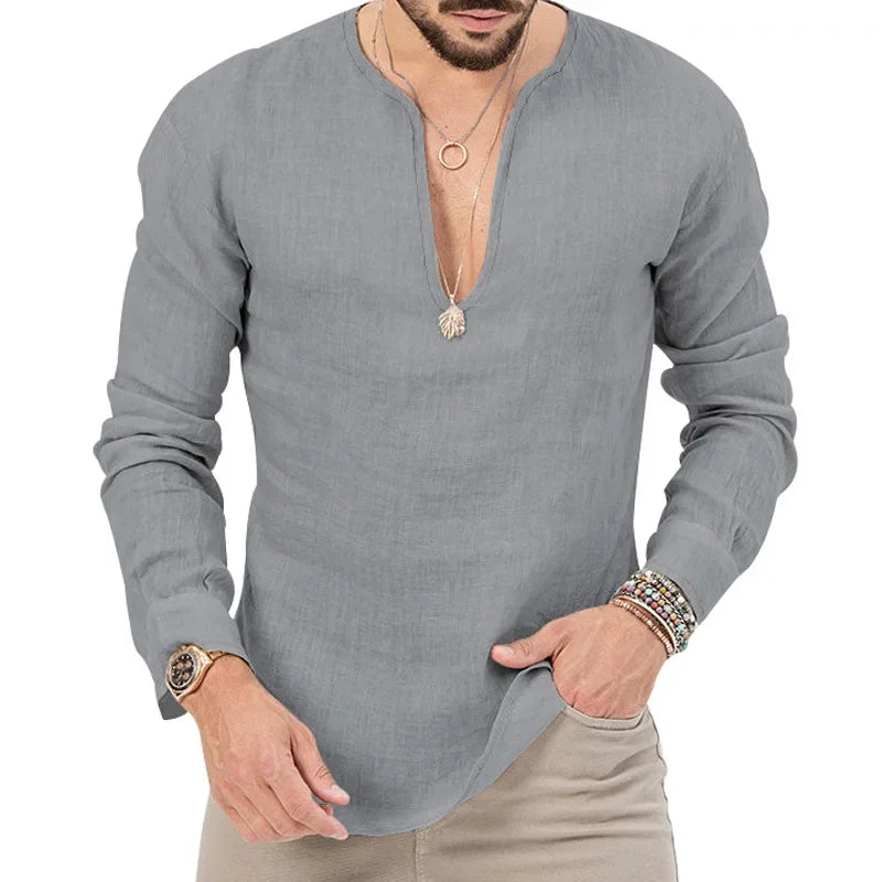 Camiseta Masculina de Linho de Manga Longa 2026 Henry, Slim Fit, Cor Sólida, Tamanho Grande Europeu e Americano, Gola V Profunda