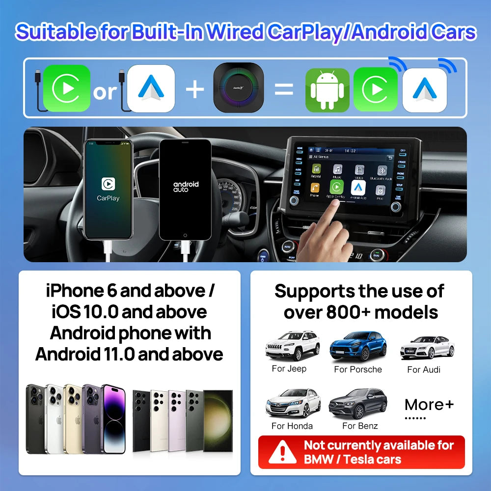 CarlinKit Android 13 LED AI Box Wireless CarPlay Wireless Android Auto Smart Car Multimedia Box Qualcomm 8-Core Chip Cartão SD Expandir para 512 GB Suporte Vídeo Online