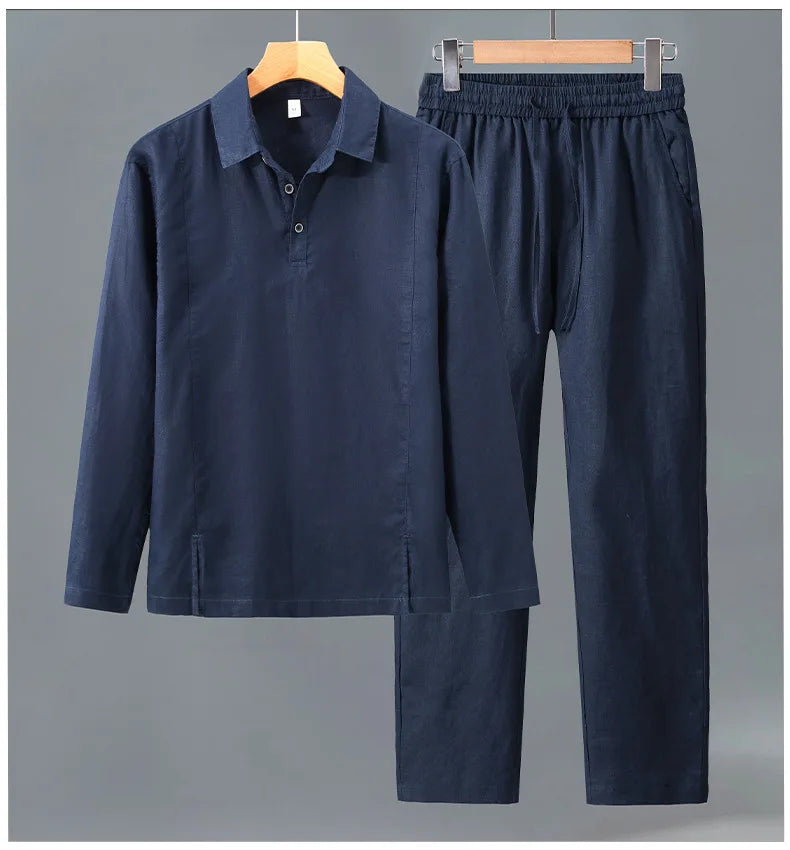 Camisa de Linho Pura de Manga Longa para Homens, Camiseta Leve e Respirável, Conjunto de Calças Casuais de Linho para Primavera e Outono