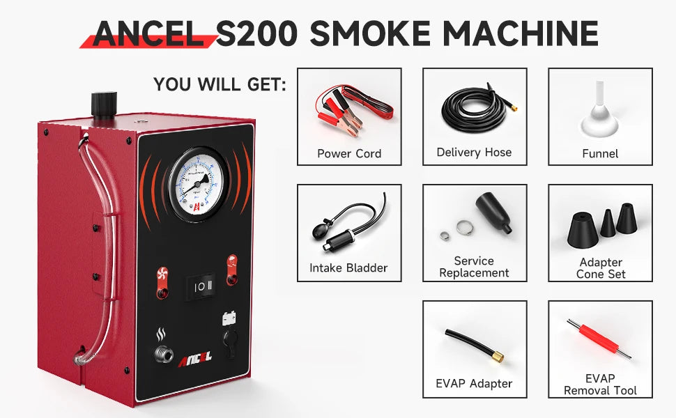 Ancel s200 evap detector de vazamento de fumaça para carro motocicleta máquina de fumaça ferramenta diagnóstico testador vácuo óleo combustível tubo vazamento localizador