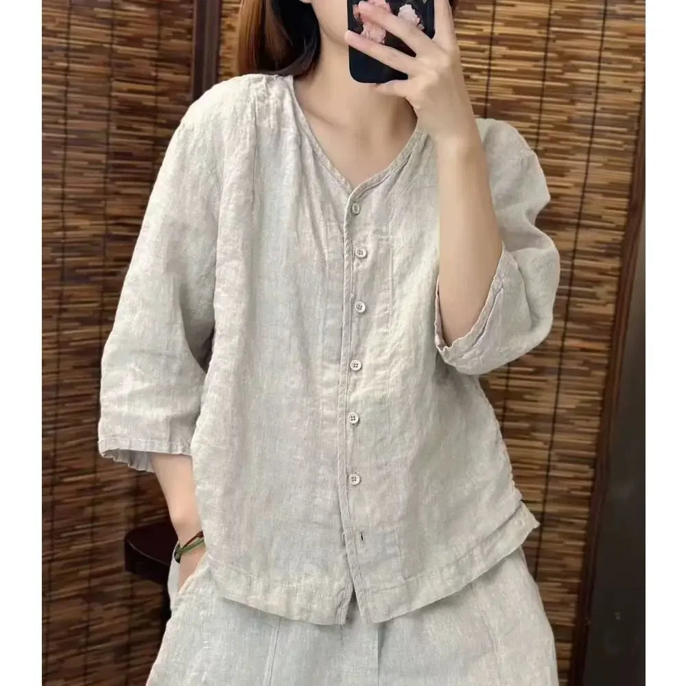 Camisa de Linho com Decote em V e Manga 3/4, Blusa Casual Solta com Botões, Top de Linho Respirável para Mulheres