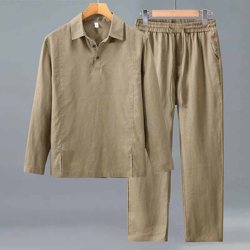 Camisa de Linho Pura de Manga Longa para Homens, Camiseta Leve e Respirável, Conjunto de Calças Casuais de Linho para Primavera e Outono