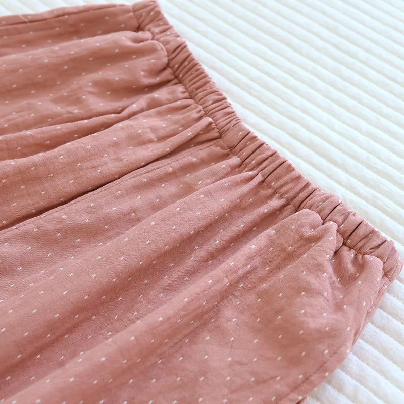 Algodão feminino polka dot pijama define fio-tingido gaze manga longa calças loungewear casual simples pijamas em torno do pescoço nightwears