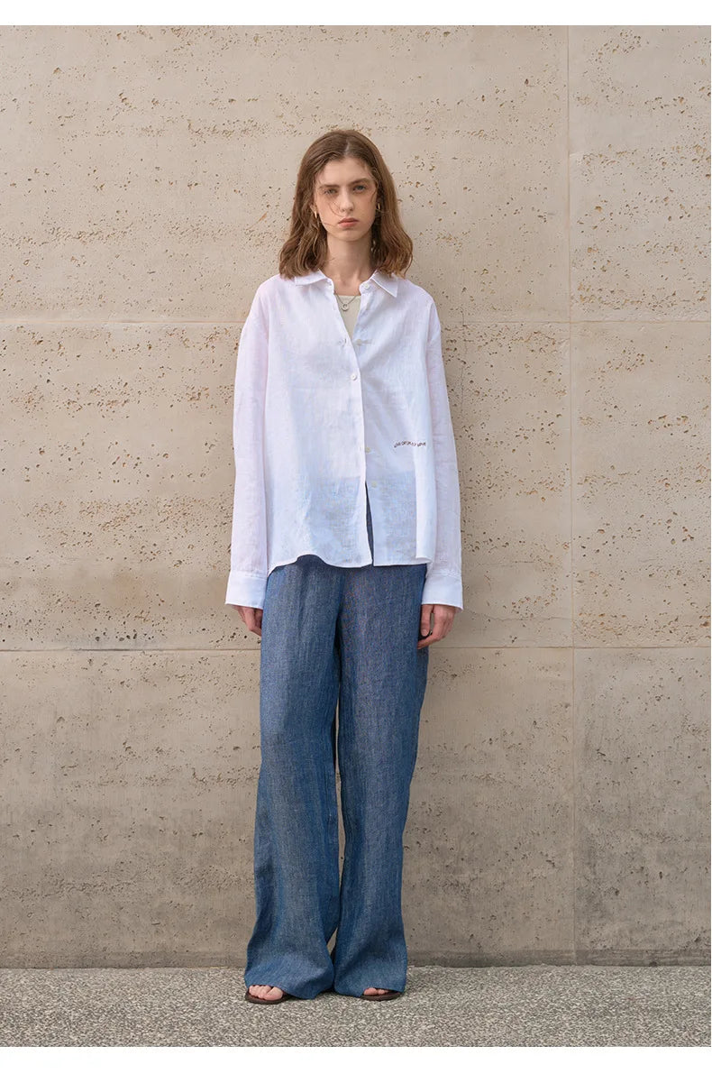 Camisa Feminina 100% Linho 2026 Nova Coleção Primavera Verão Casual com Gola Lapela Cardigã Protetor Solar Bordado Manga Longa Branca