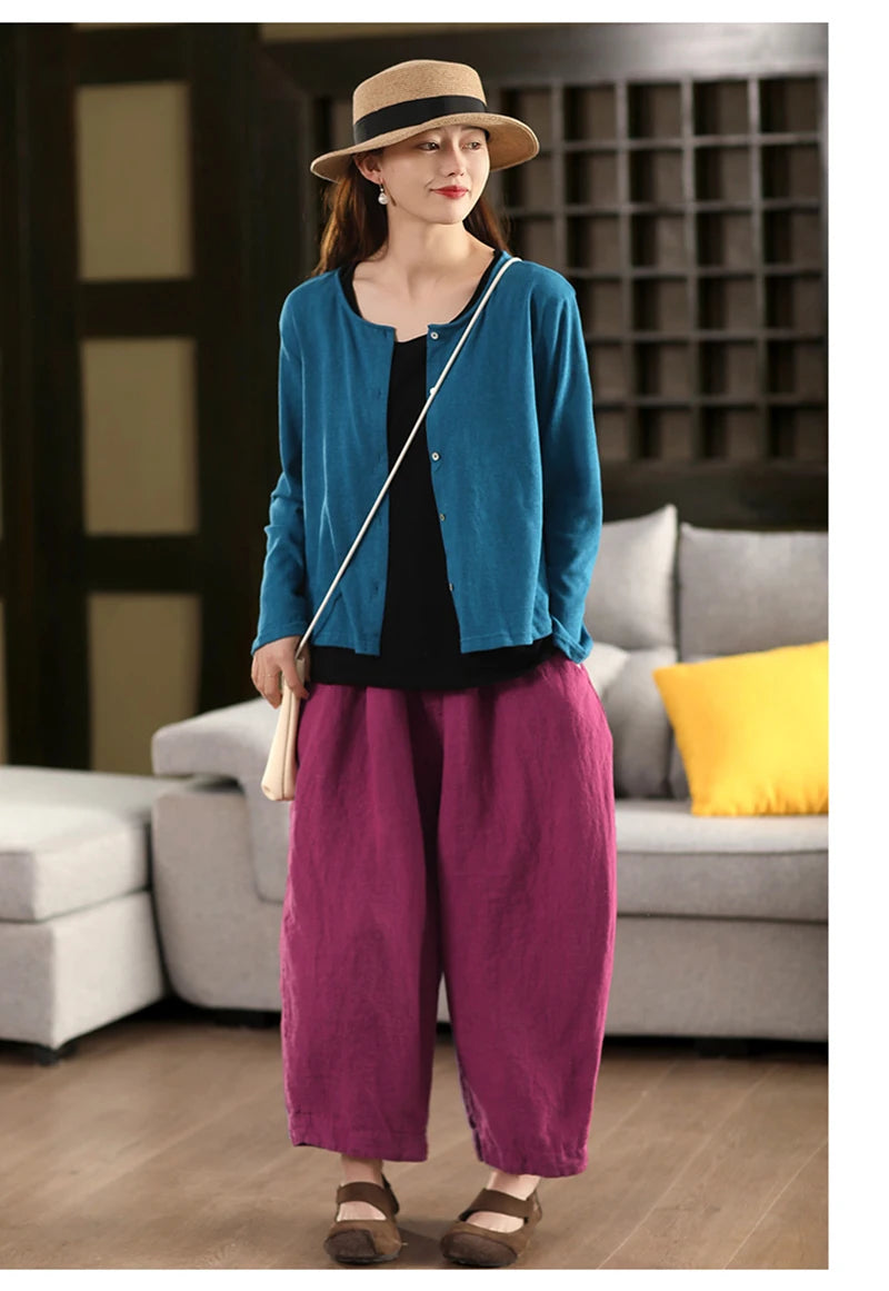 Calças compridas femininas de linho puro natural, estilo solto e retrô, calças largas, roupas de tamanho grande, casuais ao ar livre, confortáveis e legais