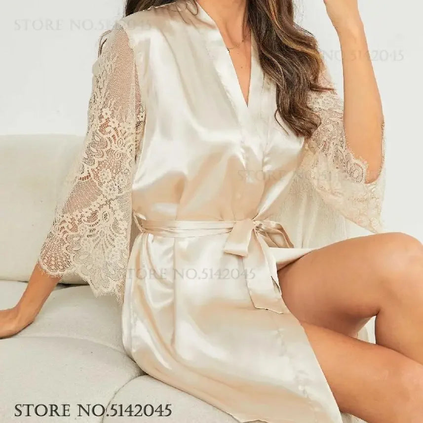 Noiva dama de honra casamento robe camisola primavera verão feminino sleepwear casa vestido retalhos rendas kimono roupão vestido loungewear