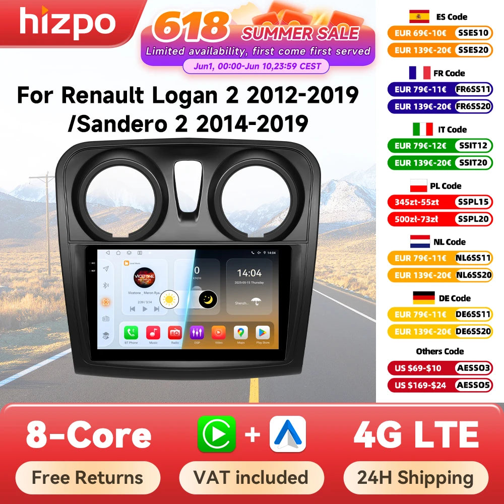 Rádio Android Auto Hizpo para Renault Logan 2 2012-2019 Sandero 2 2014-2019 4G Multimídia Automotiva GPS 2 din Estéreo CarPlay WIFI DSP