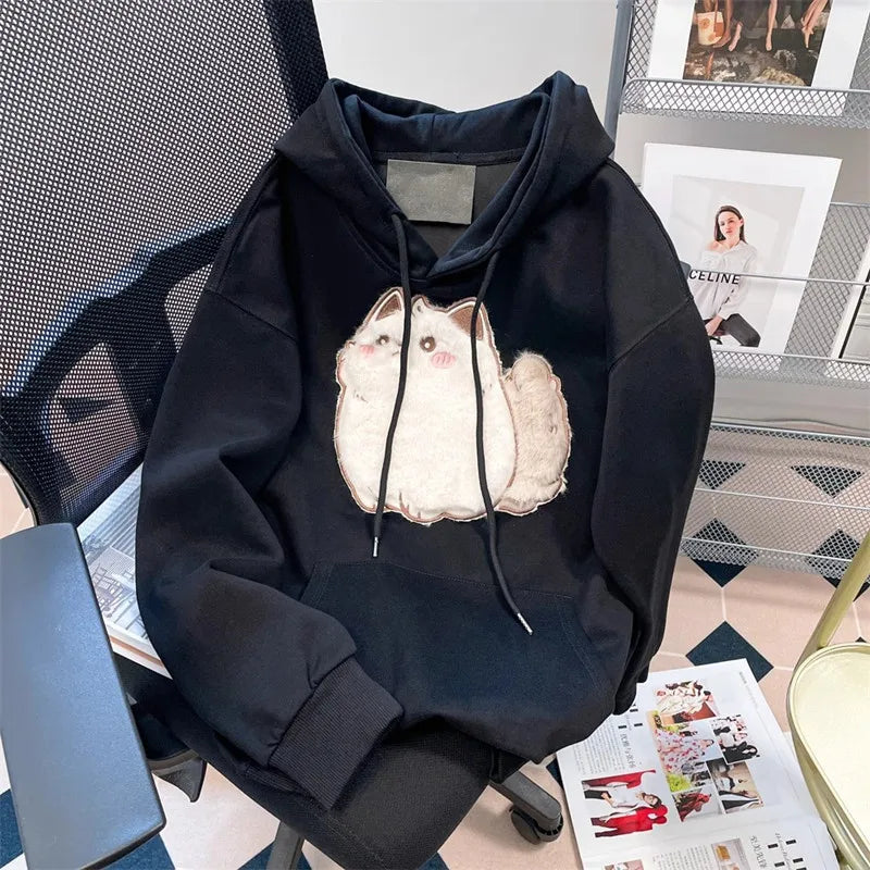 2025 primavera outono feminino casais roupas dos desenhos animados bordado adorável 3d gato impressão pulôver hoodies moletom feminino casaco com capuz