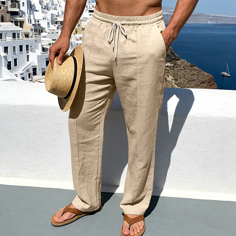 Calças de Linho Americanas Novas Primavera 2026, Tecido Leve e Respirável, Estilo Casual Solto, Cintura com Cordão, Perfeitas para Uso Diário