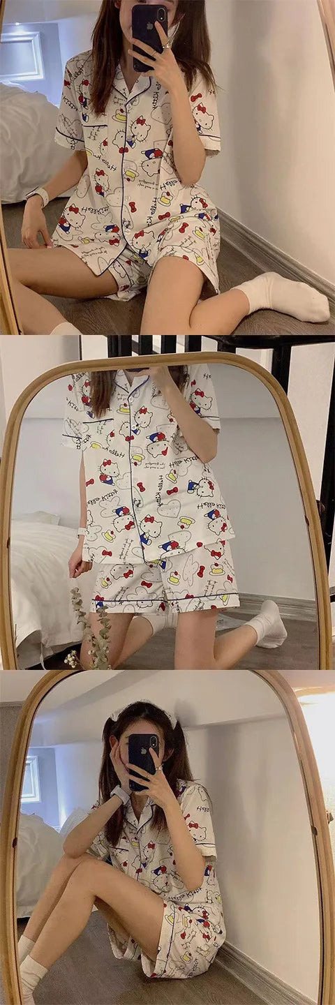 Olá kitty meninas bonito pijamas conjuntos de camisola solta dos desenhos animados macio manga curta topos shorts doce roupas femininas pijamas verão
