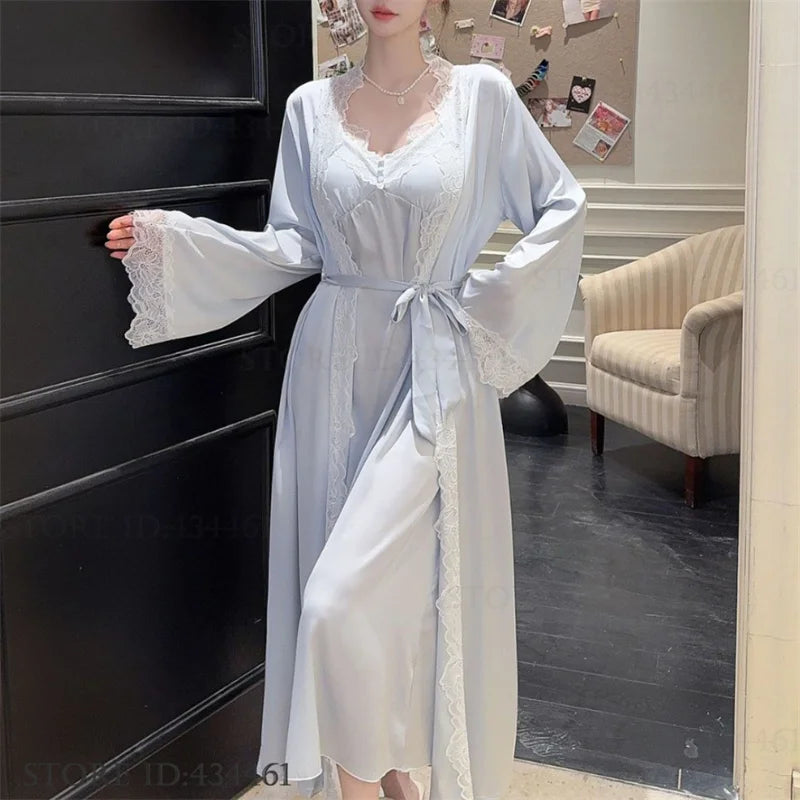 Feminino longo twinset robe conjunto sexy renda guarnição roupão de casamento quimono vestido sleepwear elegante seda gelo camisola loungewear homewear