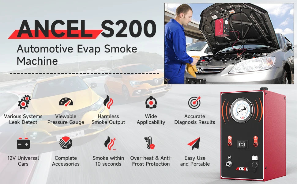 Ancel s200 evap detector de vazamento de fumaça para carro motocicleta máquina de fumaça ferramenta diagnóstico testador vácuo óleo combustível tubo vazamento localizador