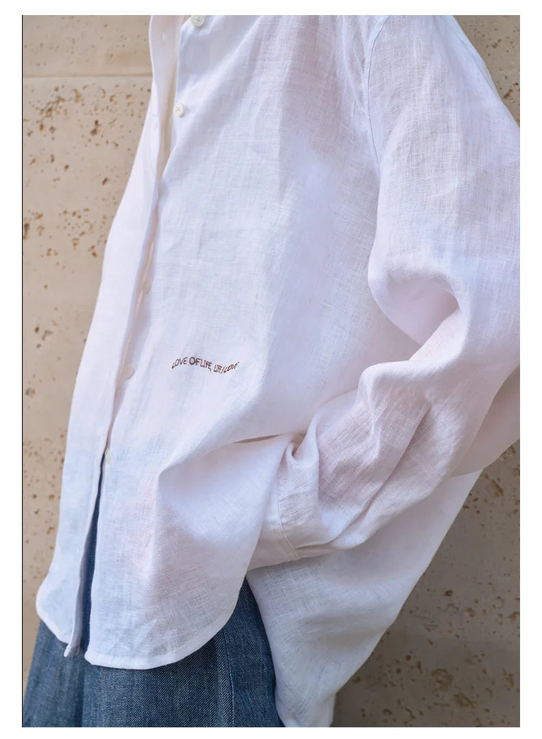 Camisa Feminina 100% Linho 2026 Nova Coleção Primavera Verão Casual com Gola Lapela Cardigã Protetor Solar Bordado Manga Longa Branca