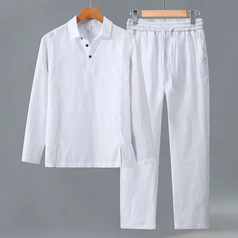 Camisa de Linho Pura de Manga Longa para Homens, Camiseta Leve e Respirável, Conjunto de Calças Casuais de Linho para Primavera e Outono