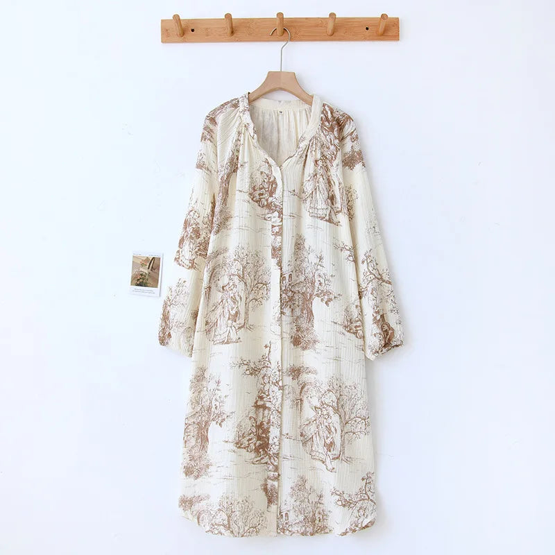 Manga longa algodão jardim secreto impressão com decote em v vestido de dormir para mulheres sleepwear respirável comprimento médio dormir camisolas